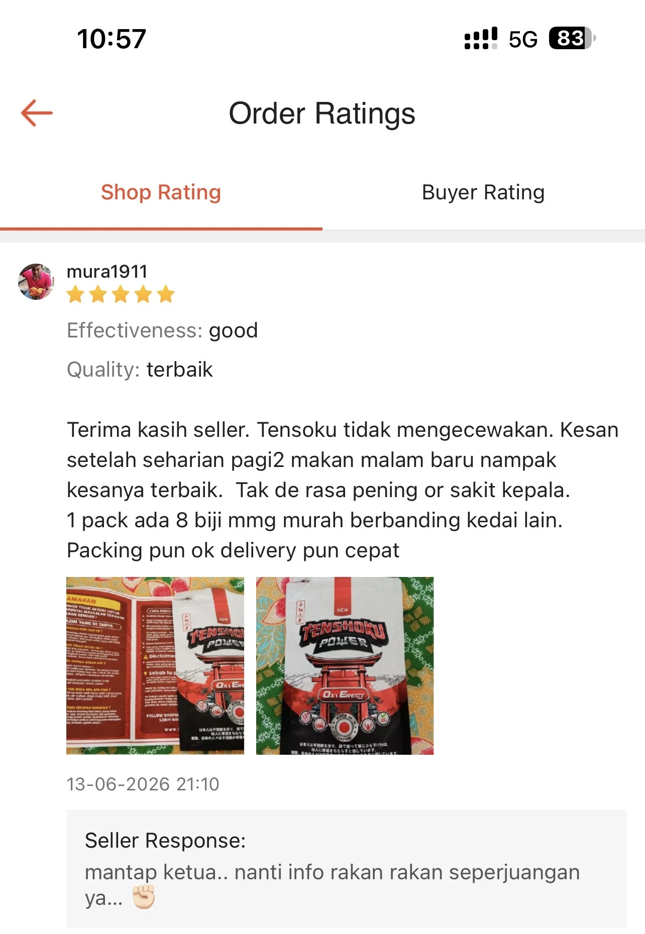 Screenshot review Shopee terperinci oleh mura1911 dengan gambar produk