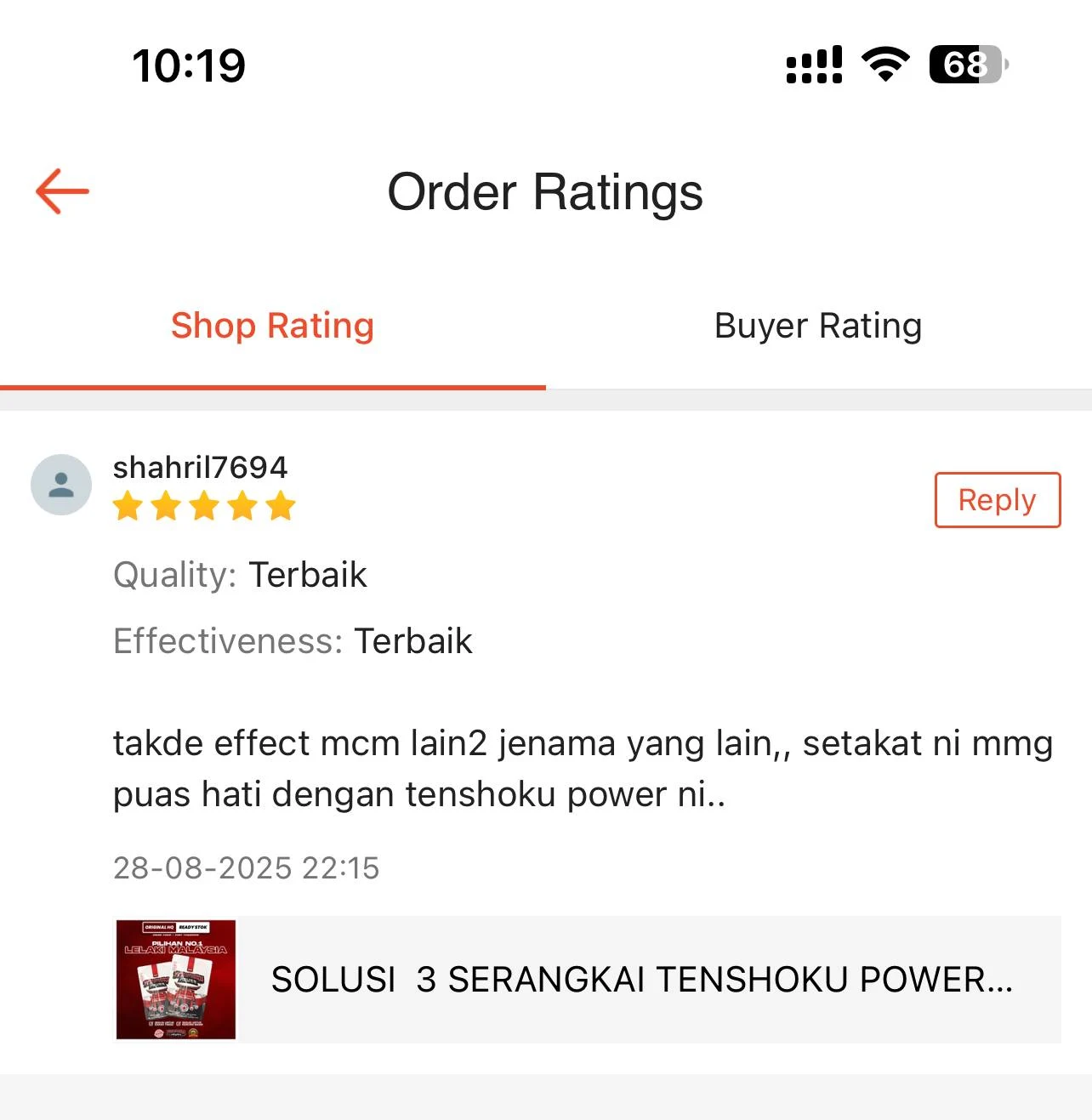 Screenshot review Shopee oleh shahri7694 yang menyatakan puas hati